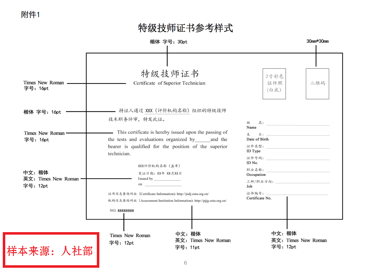 人社部《特级技师证书参考样式》-合肥银丰职业技术服务有限公司